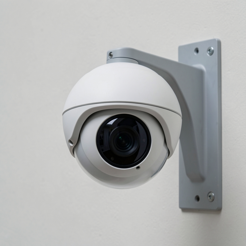 Axis P3245-V bijela dome kamera sa tamnim vizirskim staklom na sivom metalnom nosacu profesionalne sigurnosne instalacije