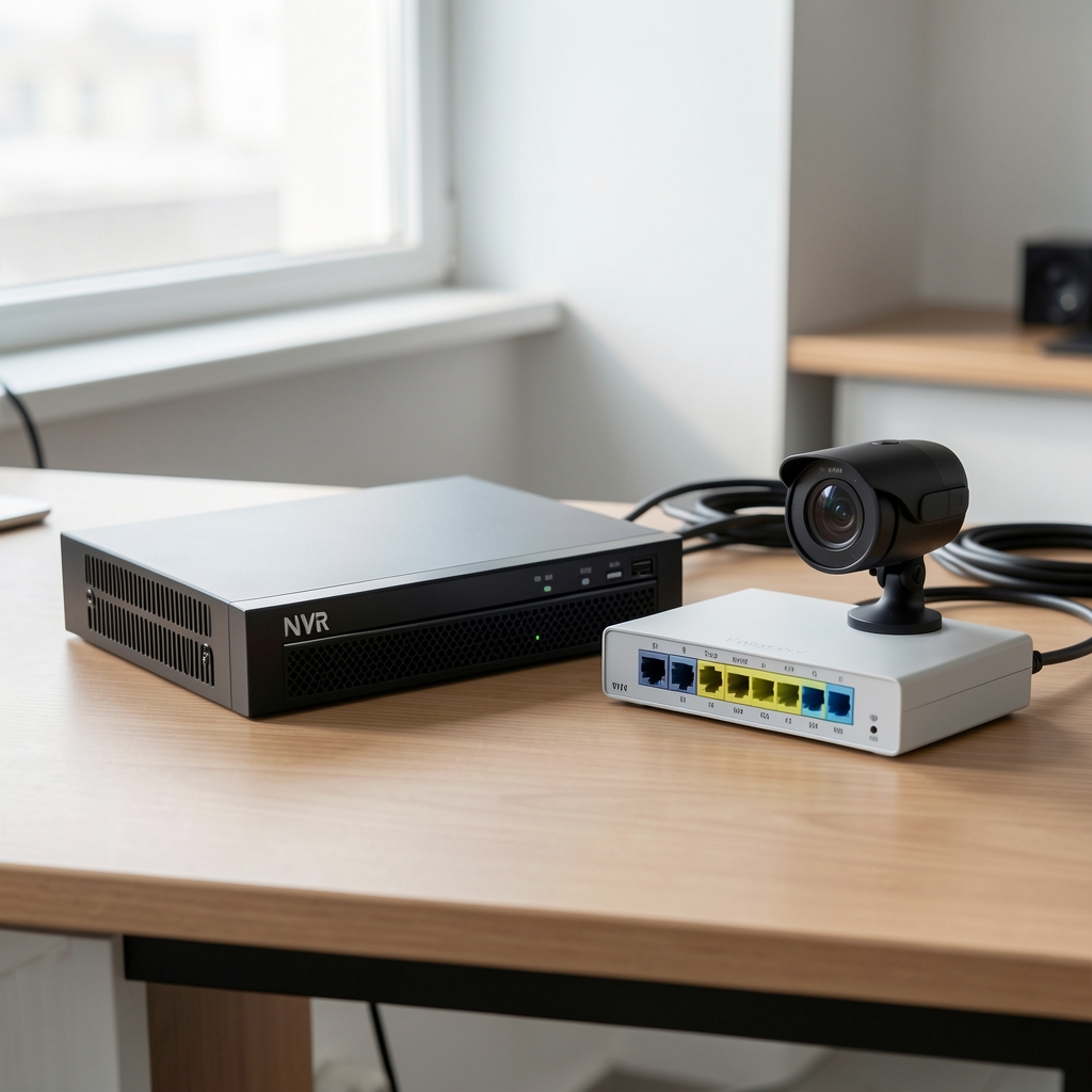 NVR sistem instalacija vodič — otvoreni NVR sa tvrdom diskom pored IP kamera i PoE switch uređaja na radnom stolu