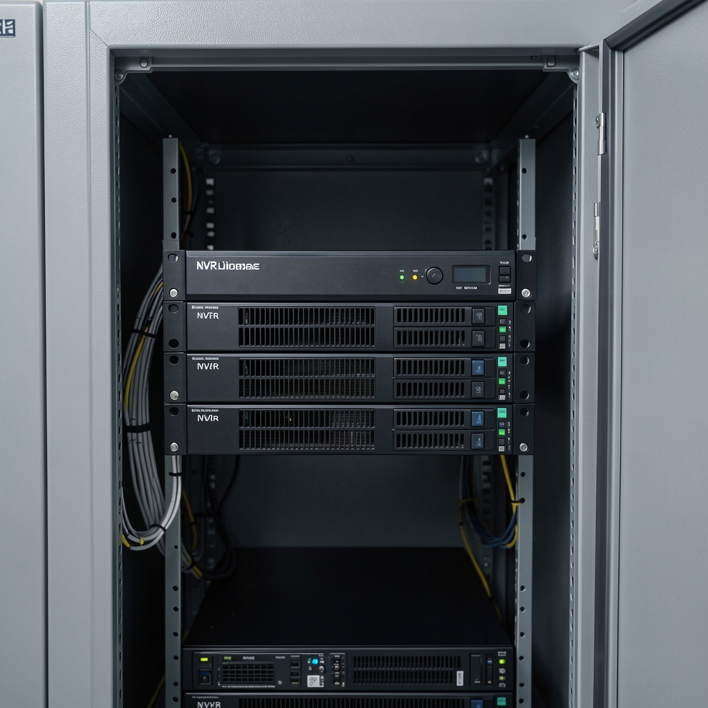 Rack-mounted NVR snimač sa priključenim tvrd-diskovima unutar profesionalnog serverskog ormara za video nadzorni sistem