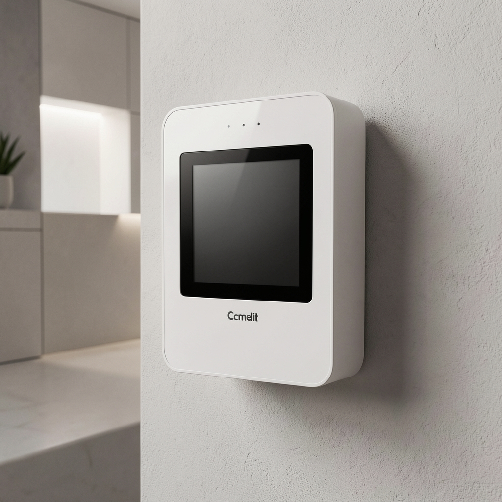Comelit iKall serije beli IP video interfonski monitor 7 inča sa ekranom na dodir postavljen na zidu modernog predsoba