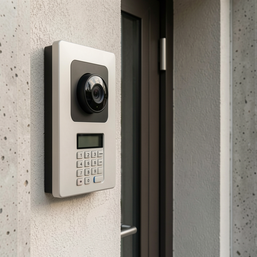 Dahua VTO2211G-P IP video interfonski panel sive boje sa HD kamerom i tastaturom za unos koda postavljen pored ulaznih vrata stambene zgrade