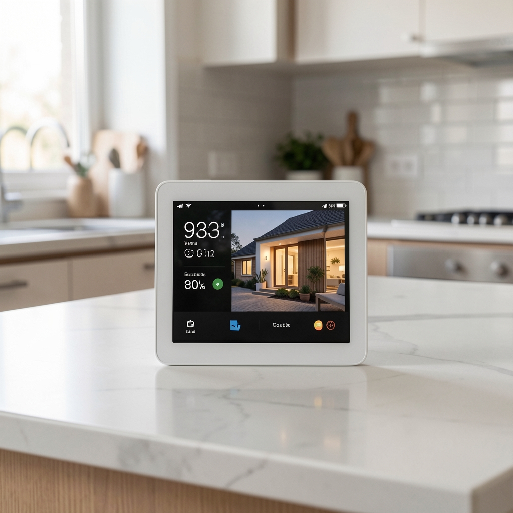 Google Nest Hub pametni displej beli 7 inča na kuhinjskom pultu prikazuje vreme i kontrole pametne kuće