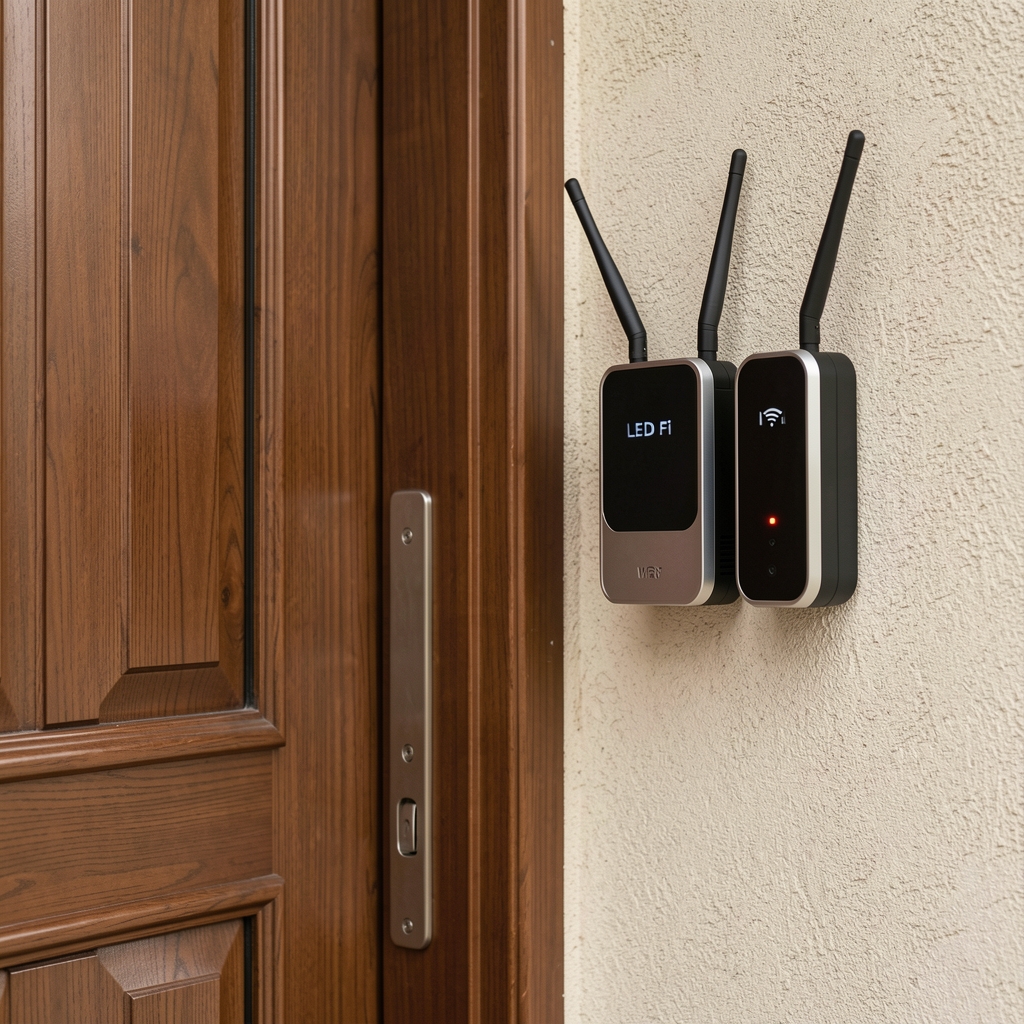 Ring Video Doorbell Pro 2 crno-srebrni uredaj montiran pored ulaznih vrata kuce sa Wi-Fi antenom i LED indikatorom