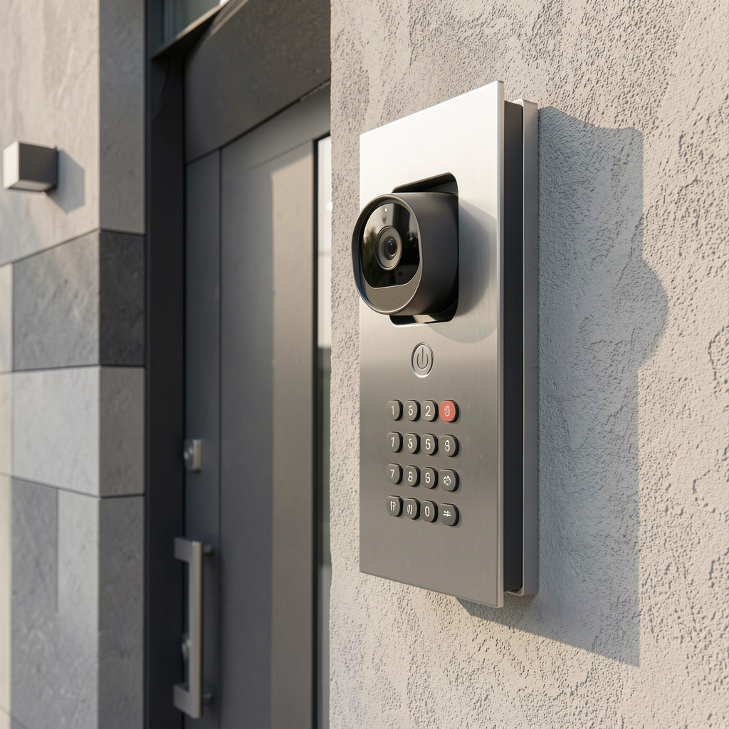 Moderni IP video interfonski panel sa kamerom i senzorom pokreta ugradjeni u zid modernog ulaza stambene zgrade