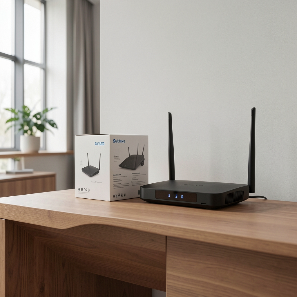 Xiaomi Smart Home Hub 2 bijela kutija sa antenom postavljena na policu pored routera u modernom stanu